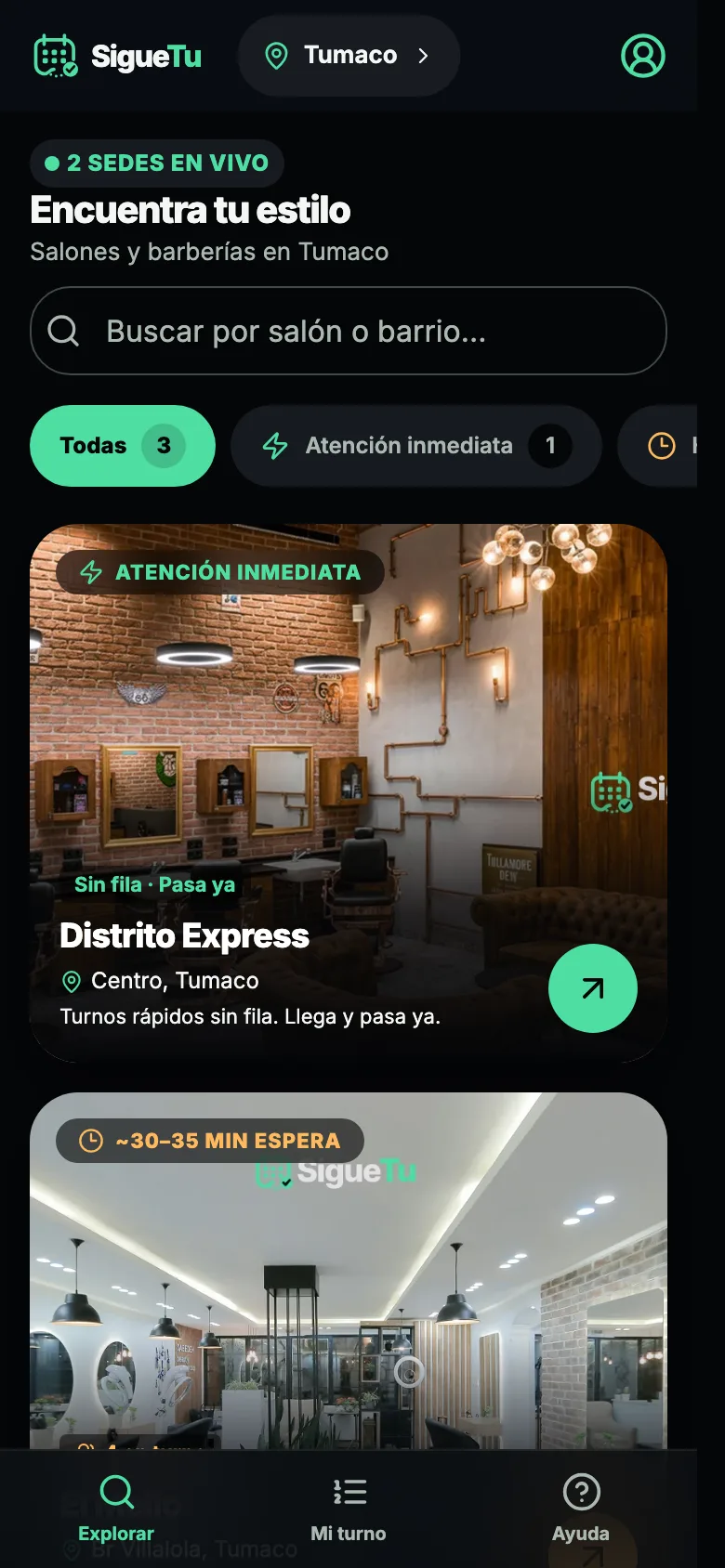 Vista de SigueTu donde los clientes exploran negocios y consultan la disponibilidad en Tumaco